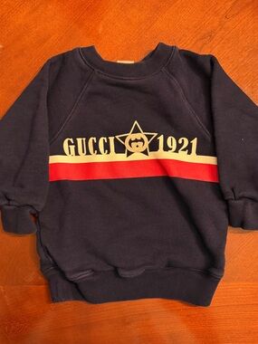 Gucci Navy Sweatshirt with Cream and Red Stripe '1921' Logo